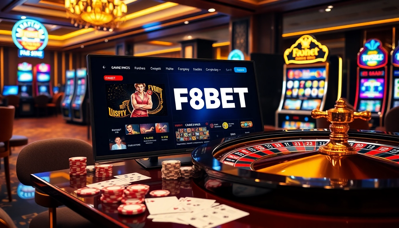 Experience the thrill of F8BET with dynamic gaming visuals showcasing roulette, poker, and slots.