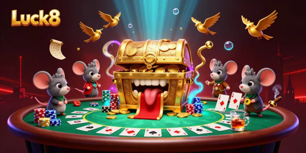 Luck8's adventurous treasure chest attracts mice gamblers amidst vibrant casino elements.