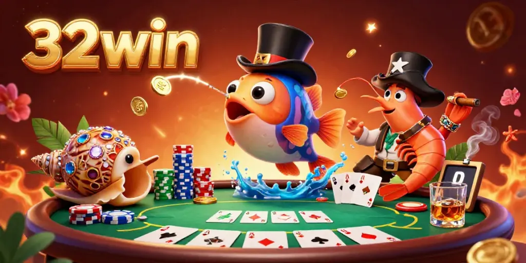 Engage with the vibrant scene of 32win as deep-sea characters celebrate a poker win with glowing coins around them.