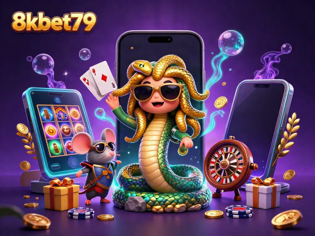 Engage with vibrant casino action at 8xbet79 featuring Medusa and a warrior mouse surrounded by slot games and rewards.