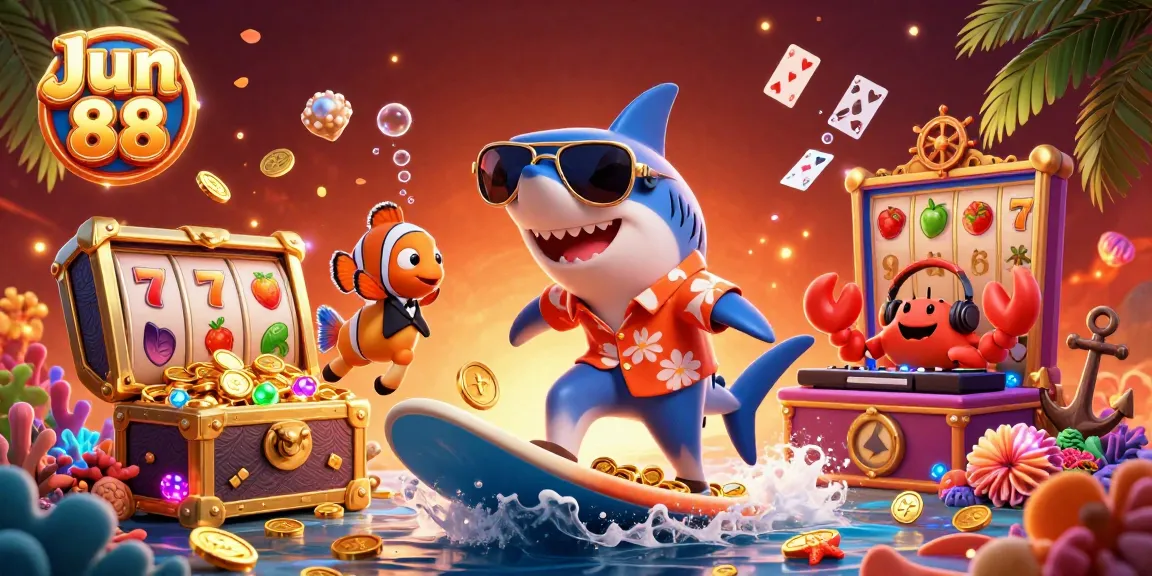 Experience thrilling wins with Jun 88 as a fish DJ spins amidst gold coins and slot elements.