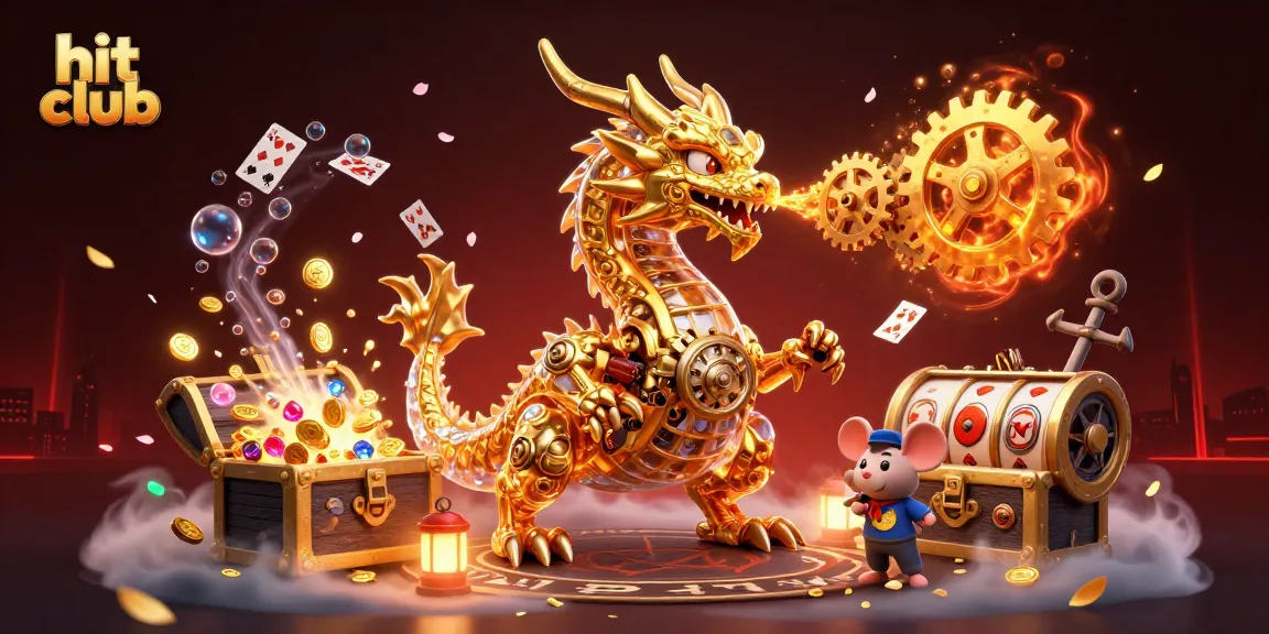 Experience thrilling gameplay at hit club with a golden dragon surrounded by colorful gems and spinning slots.