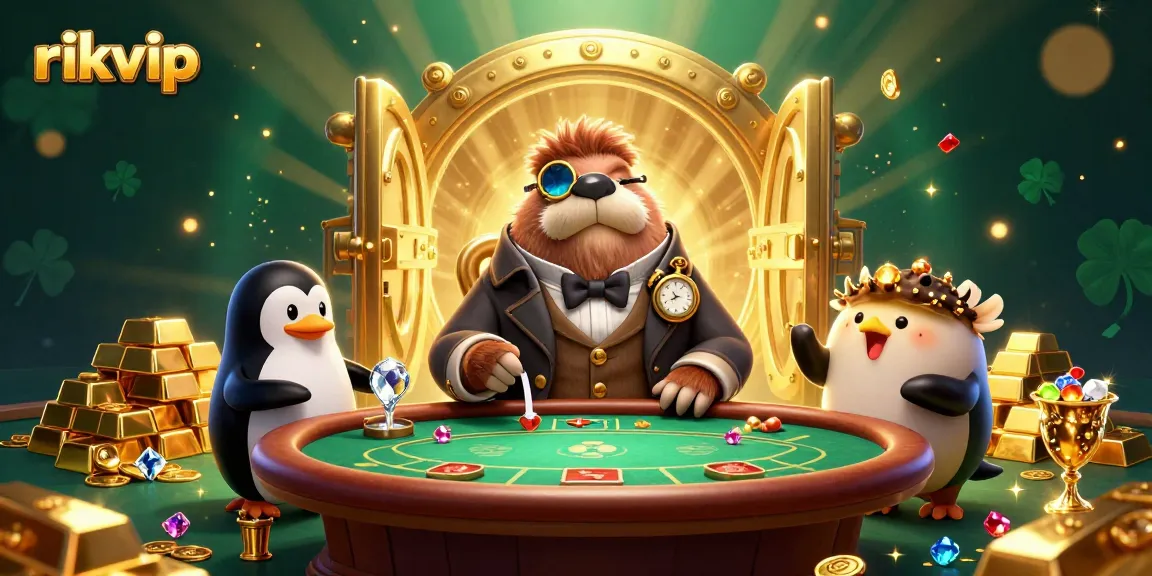 Experience thrilling gameplay at rikvip with cartoon walrus and penguin dealer at an underwater poker table.