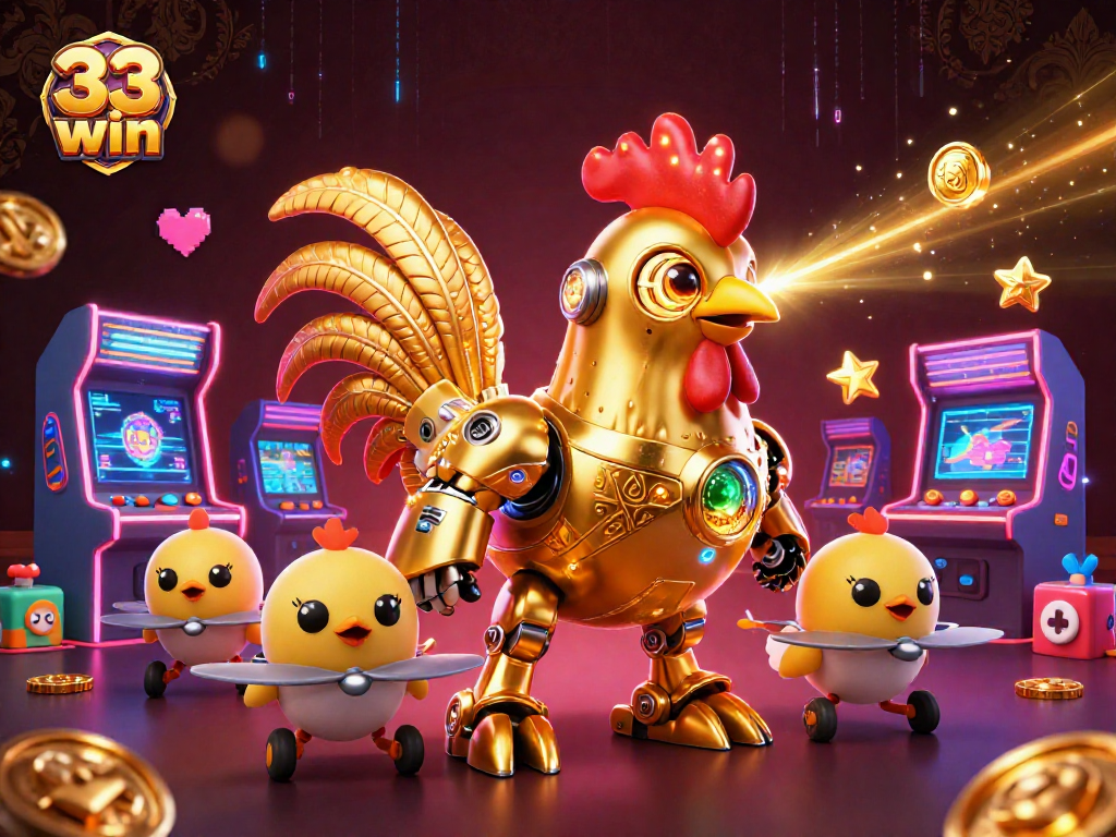 Engage with 33 win as golden rooster robot creates captivating gaming magic in a vibrant casino scene.