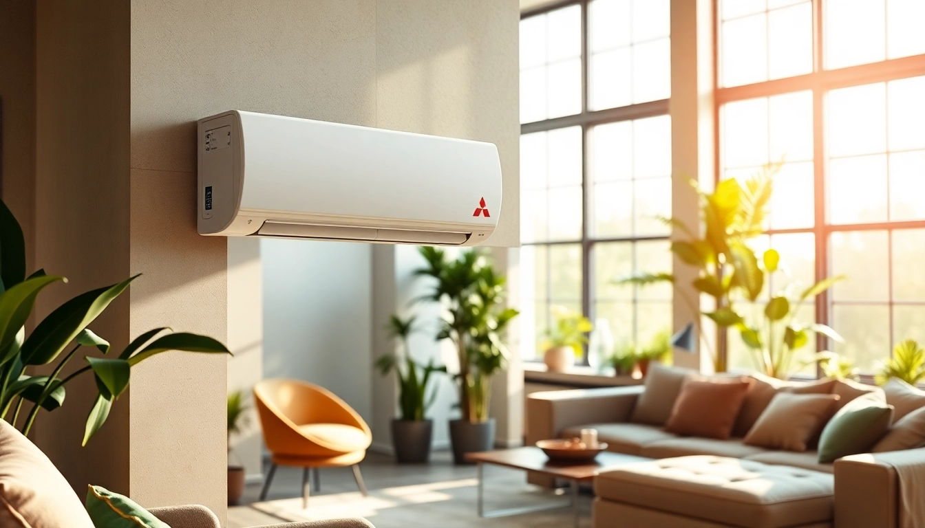 Showcase of a Mitsubishi mini split AC in a stylish modern living room emphasizing comfort.