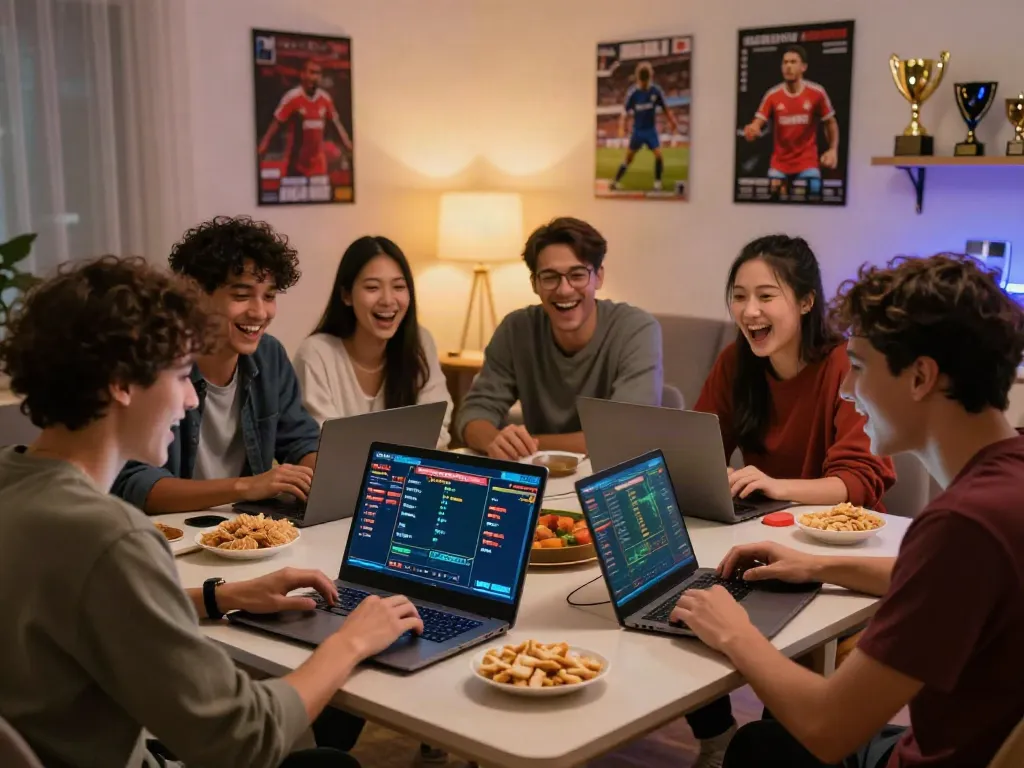 Friends enjoying online betting at https://uk88win.org/ in an engaging living room setting.