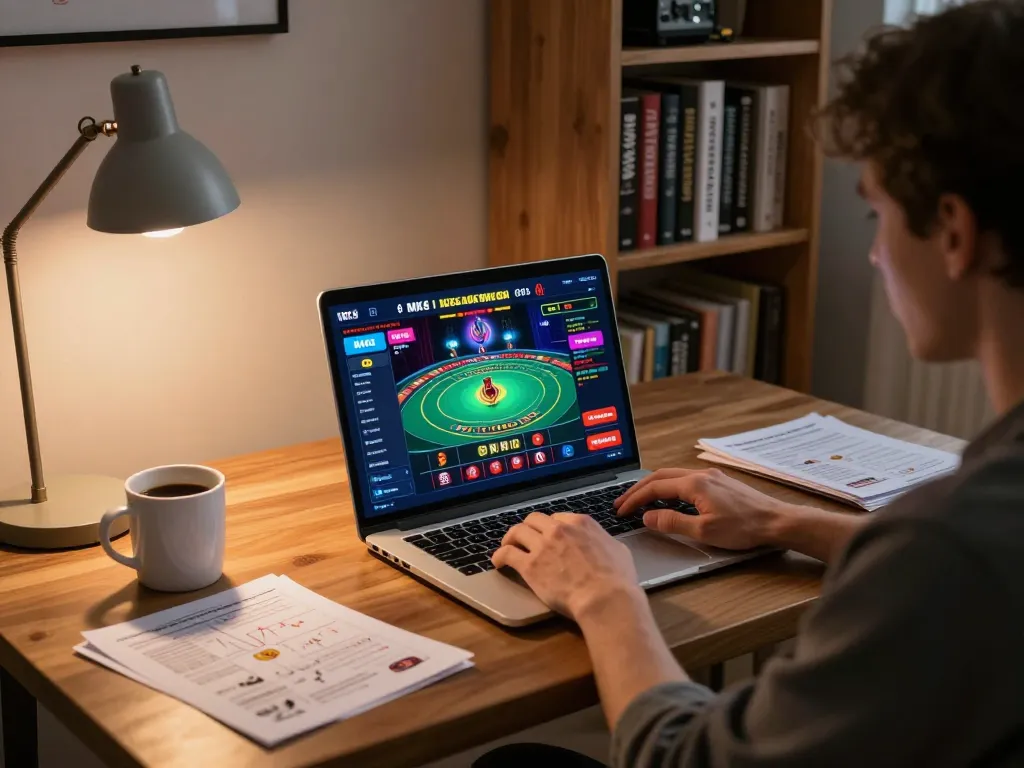 Engaging online player enjoying MK8 live dealer game on modern laptop while analyzing strategy notes.