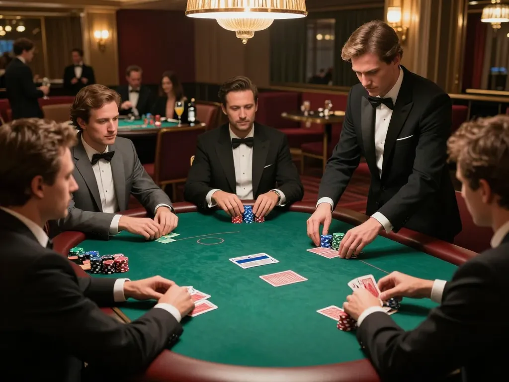 va88 poker game with players strategizing over hands and chips stacked high in a luxurious casino setting