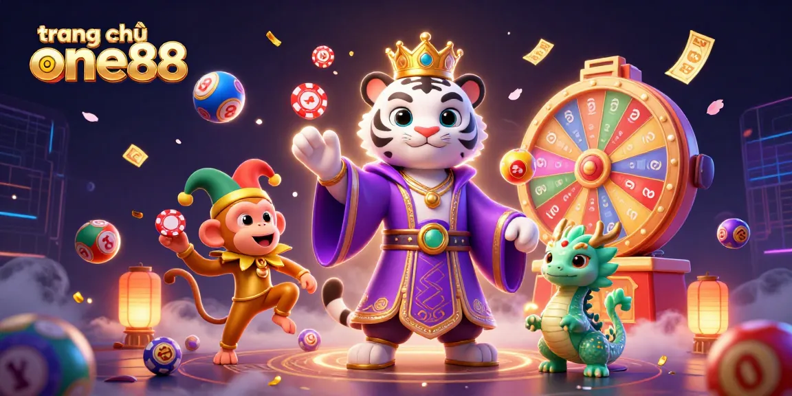 Engage with the vibrant scene at trang chủ one88 featuring a white tiger and a jester monkey in a casino atmosphere.