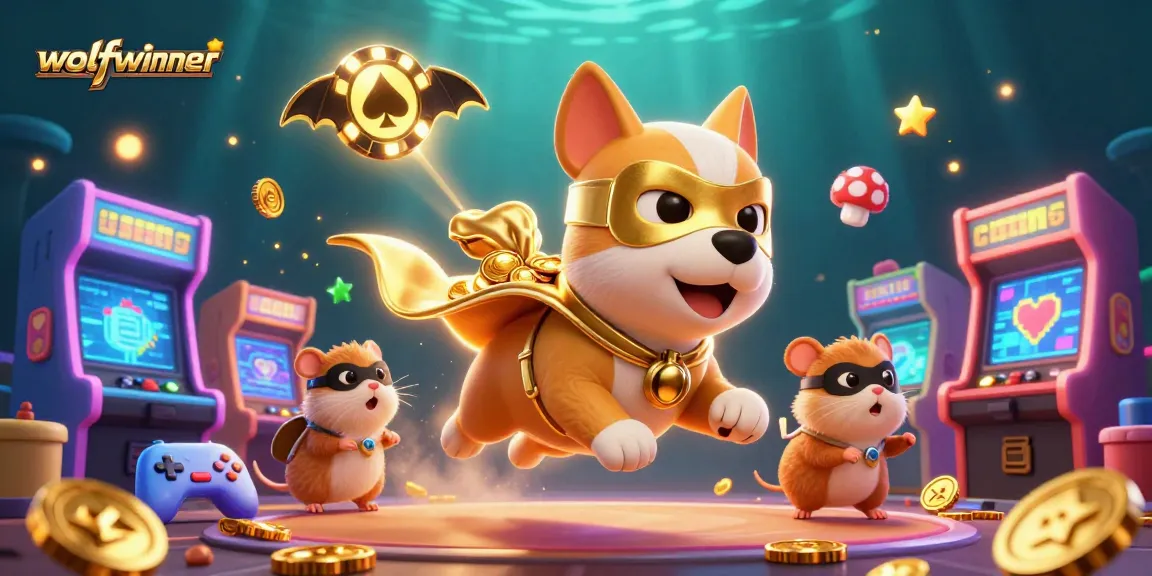 Engage in thrilling baccarat with wolfwinner's 3D heroes in a vibrant casino scene full of game elements.