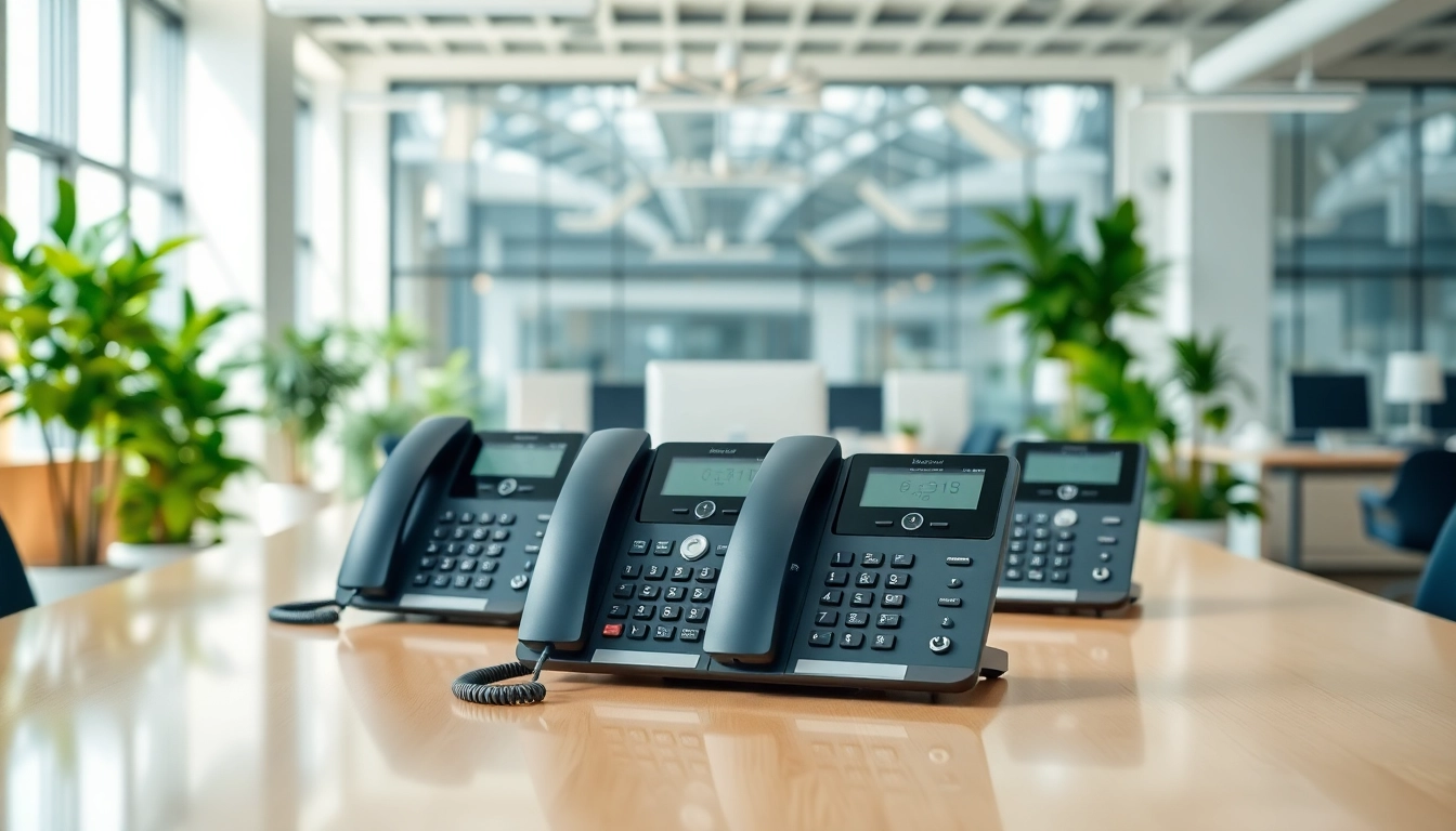 Showcase efficient office phone systems in a modern workspace with sleek designs.