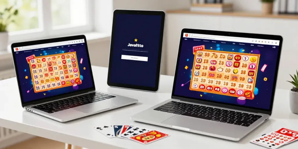 Ambiente de loteria online com Javatoto e jogador feliz.