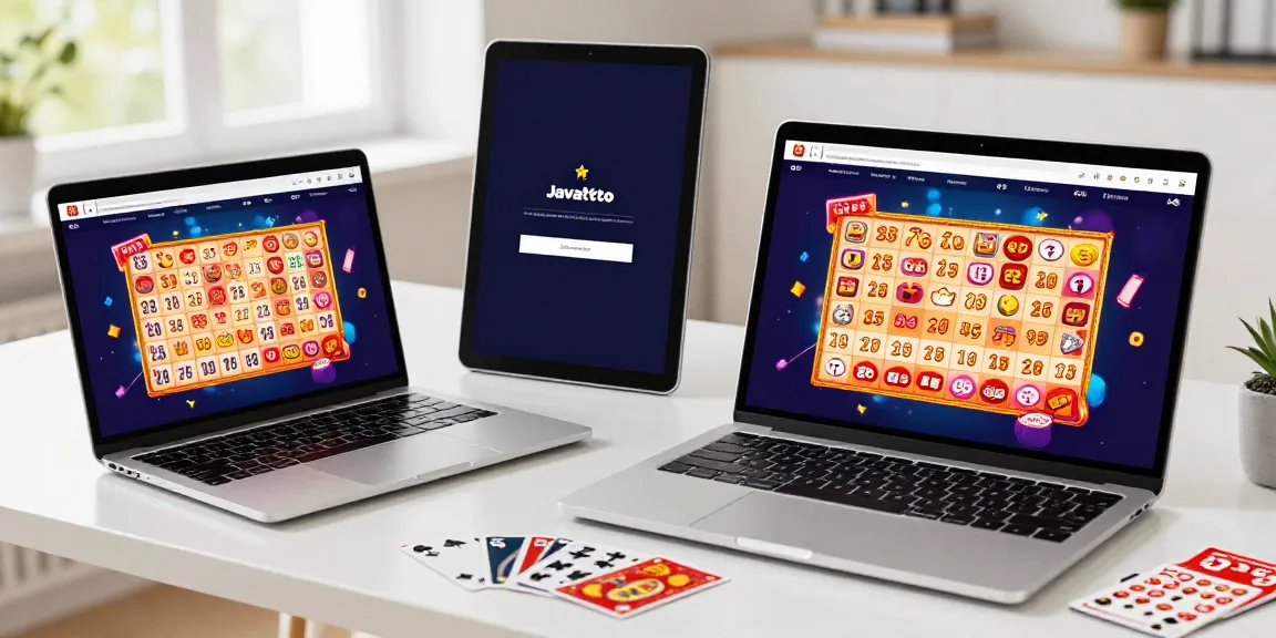 Ambiente de loteria online com Javatoto e jogador feliz.