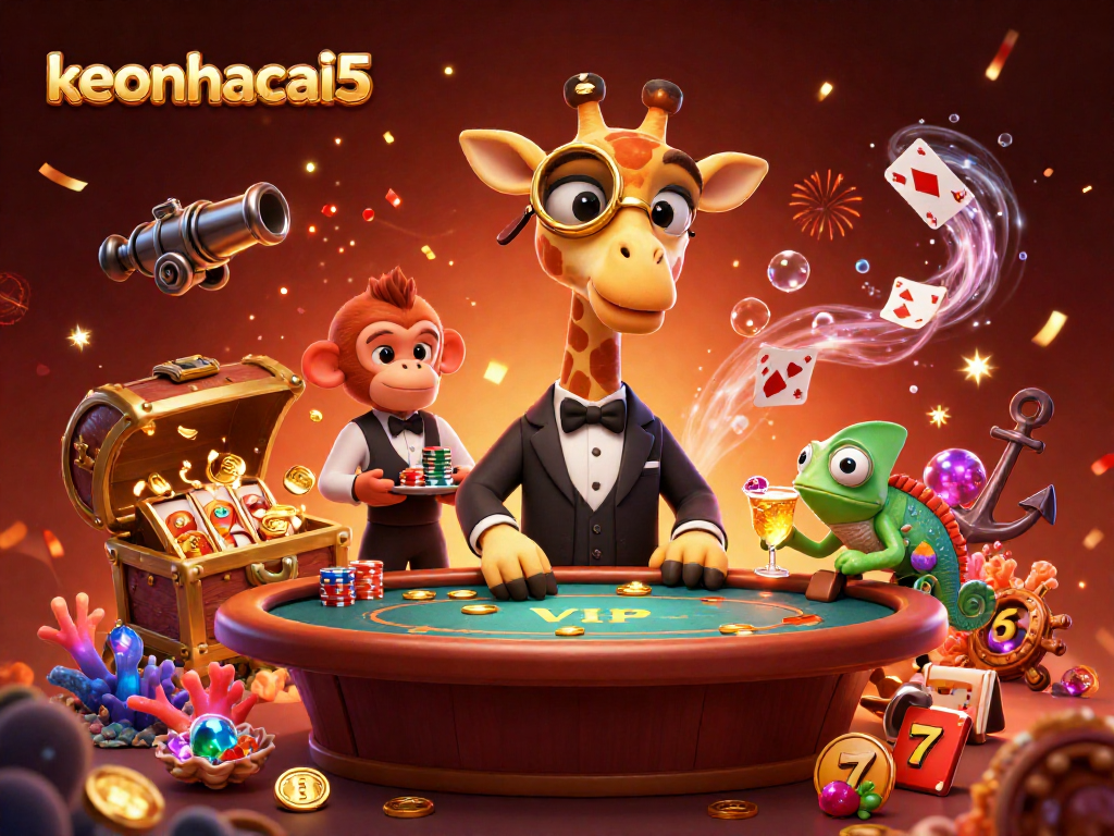 Join the fun at keonhacai5 with a high-roller giraffe and poker action in a vibrant casino scene.