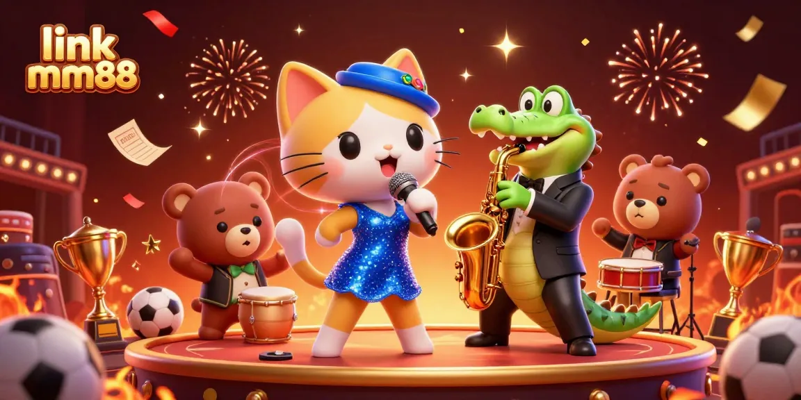 Engage with top bets at link mm88 featuring a jazzy cat, crocodile, and bear in a vibrant casino atmosphere.