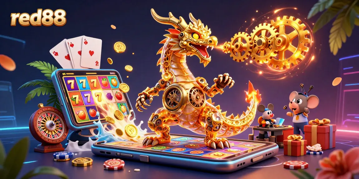 Experience immersive gaming with red88's golden dragon and vibrant slot games in a captivating 3D illustration.