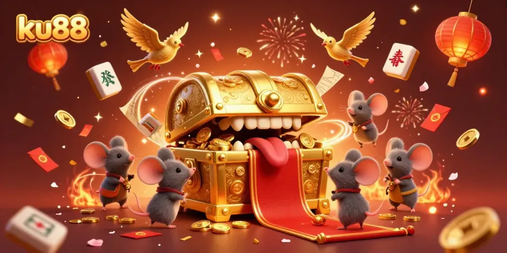 Join the adventure at ku88 with riches from the golden treasure chest amid festive game elements.