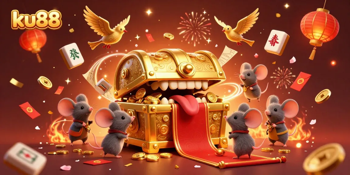 Join the adventure at ku88 with riches from the golden treasure chest amid festive game elements.