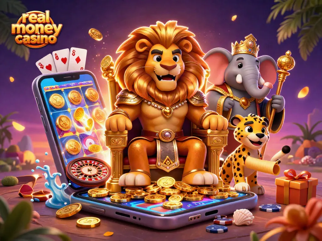 Experience a vibrant real money casino scene with a lion king, elephant advisor, and cheetah messenger amid a flurry of gaming elements.