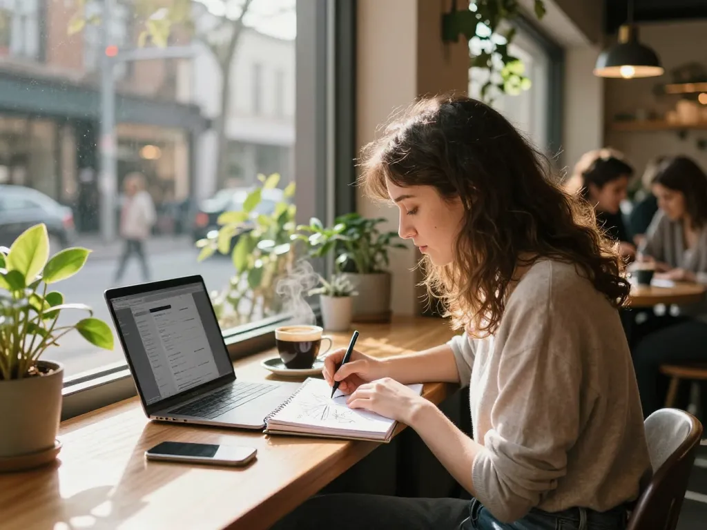 Young woman with a crush on someone sketching at a cozy café.