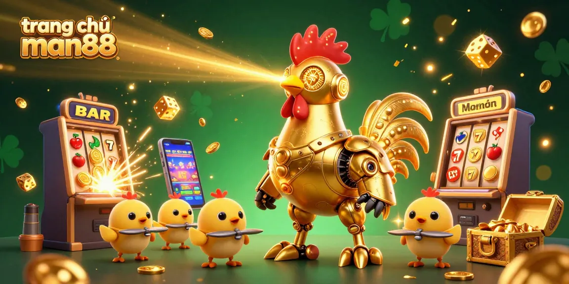 Experience the excitement on trang chủ man88 with golden rooster robot, slots, and vibrant casino elements.