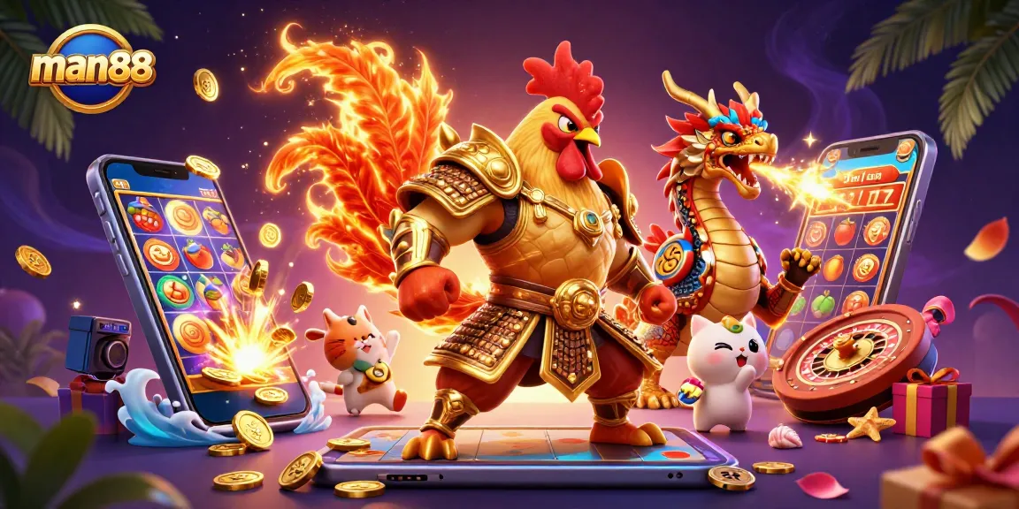 Experience man88 slots with a fierce dragon and warrior in a vibrant casino scene.