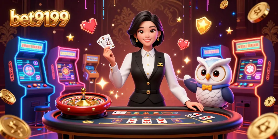 Engage with bet9199 in a vibrant casino scene featuring a skilled Asian dealer and cartoon owl assistant amidst thrilling game elements.