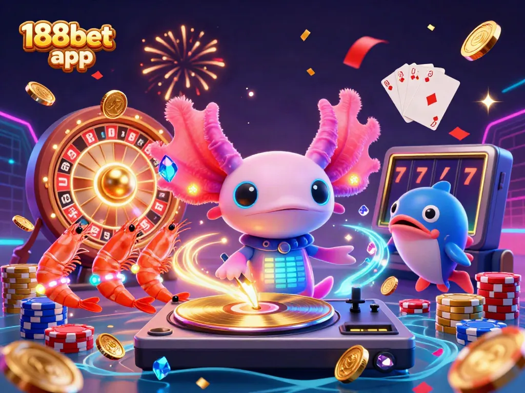 Experience the thrill of the 188bet app in a vibrant casino scene with animated characters and sparkling game elements.