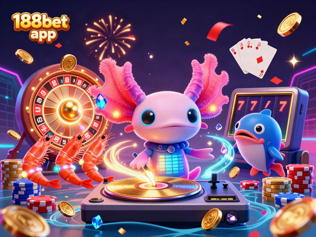 Experience the thrill of the 188bet app in a vibrant casino scene with animated characters and sparkling game elements.