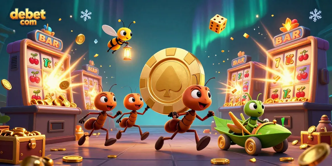 Engage with debet com’s vibrant casino adventure featuring ants on a heist with golden poker chips.