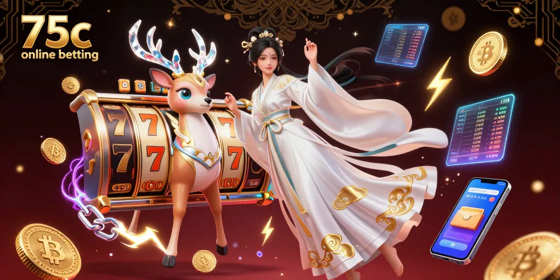Experience 75c online betting with stunning jackpot visuals and crypto elements in a dynamic casino scene.