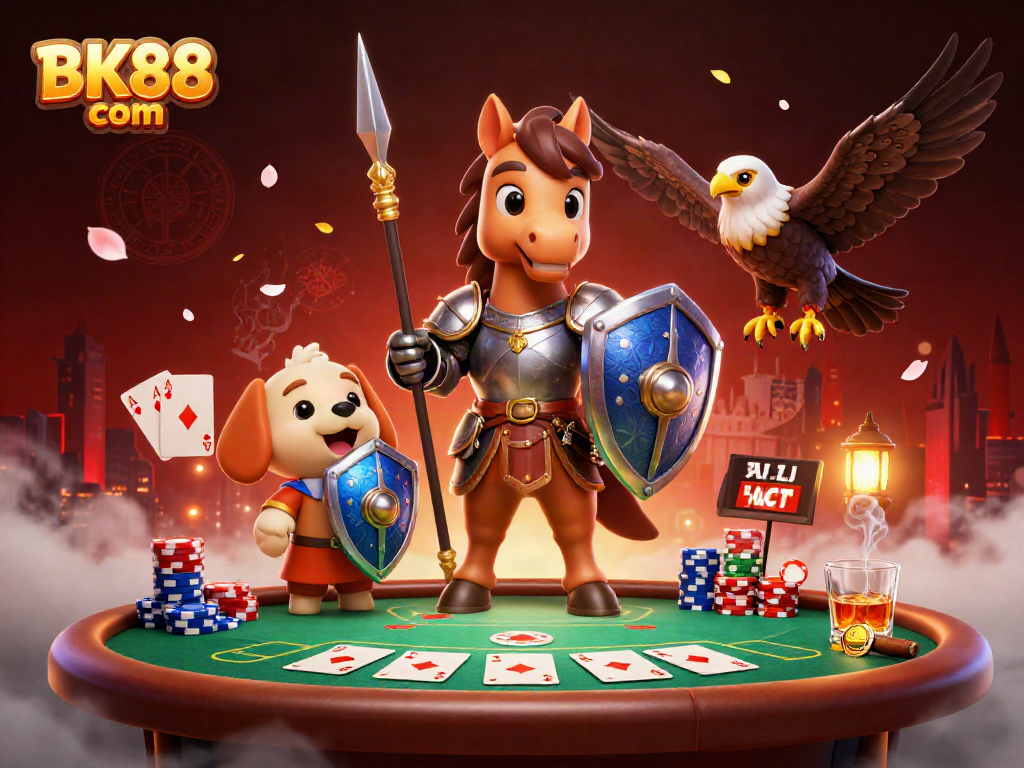 Experience exhilarating gameplay at BK88 com with a knight, a squire, and a falcon amidst poker elements.