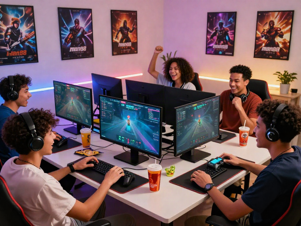 Exciting gaming scene showcasing Man88 experience with diverse players enjoying immersive online games in a cozy home.