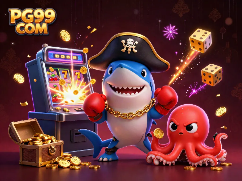 Spin and win at PG99 COM with a vibrant cartoon scene featuring a pirate shark, pufferfish boxer, and octopus holding coins.