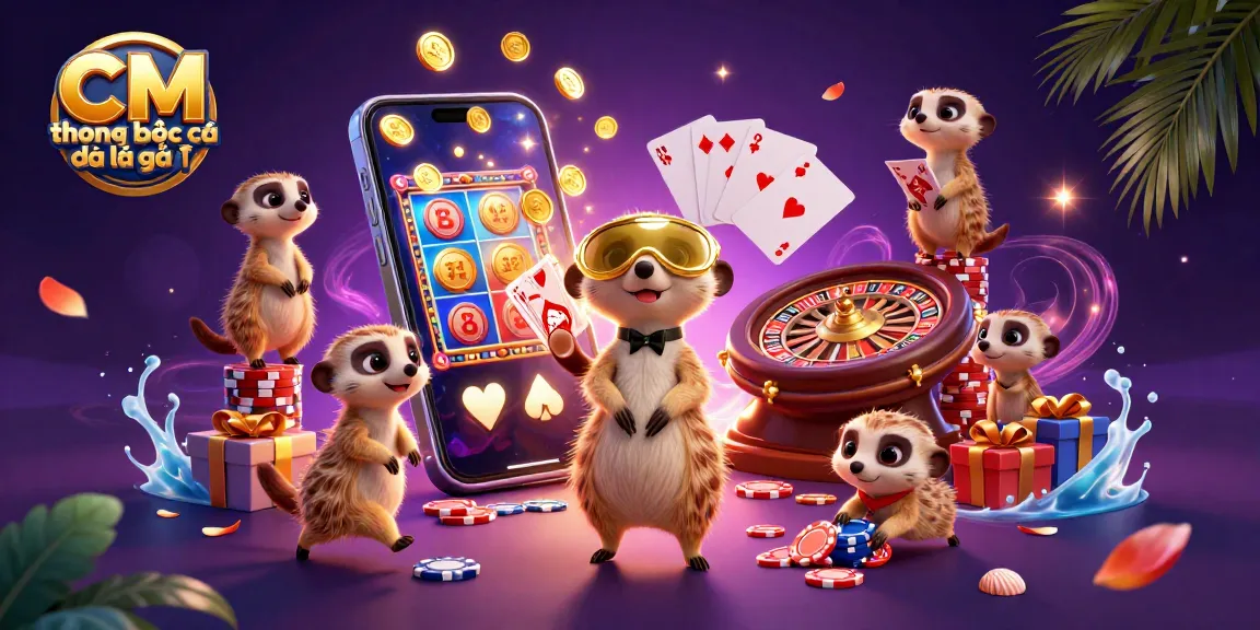 Engaging scene showing CM trong bóng đá là gì as meerkats run a lively casino with slot games and poker actions.