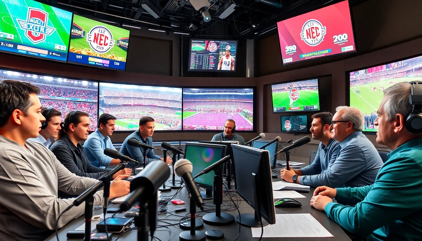 Engaging scene of sports broadcasting with diverse commentators discussing live events.