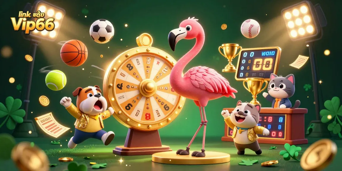 Experience excitement at link vào Vip66 with a dynamic casino game show scene featuring a flamingo host, dogs, and sports elements.