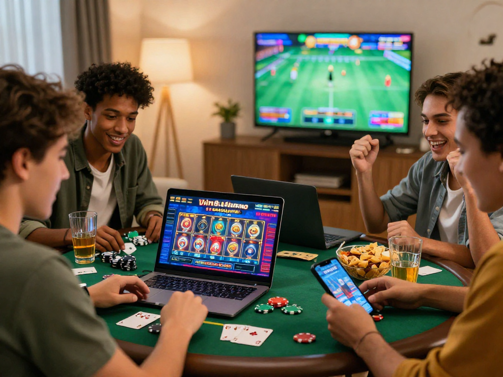 The friends enjoying online casino games at vin88-casino.games with vibrant graphics and snacks in a cozy setting.