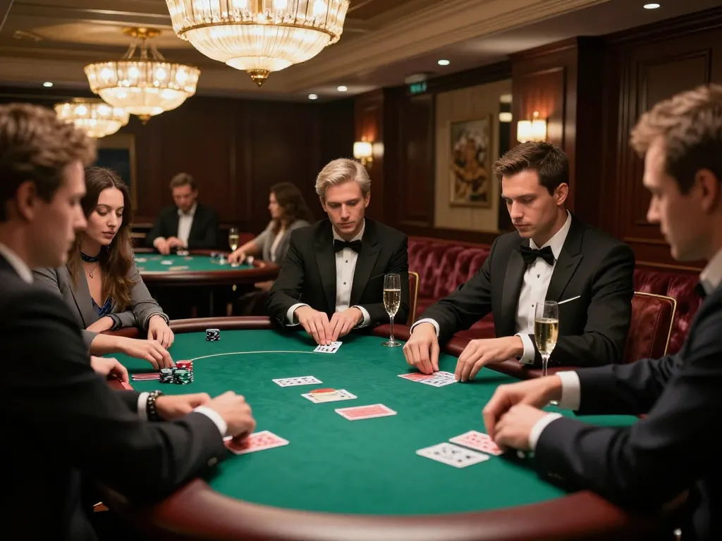 Players enjoying a high-stakes game of poker at TV88's luxurious VIP table, showcasing premium atmosphere.