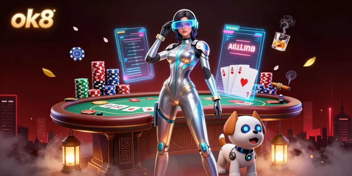 ok8 players engage with a vibrant 3D casino scene featuring a futuristic woman and robot dog, poker elements, and lively decorations.
