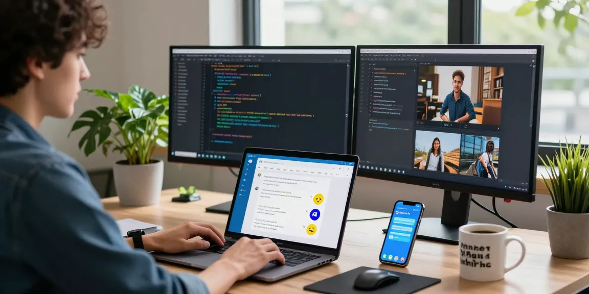Developer using Telegram download on laptop in modern workspace