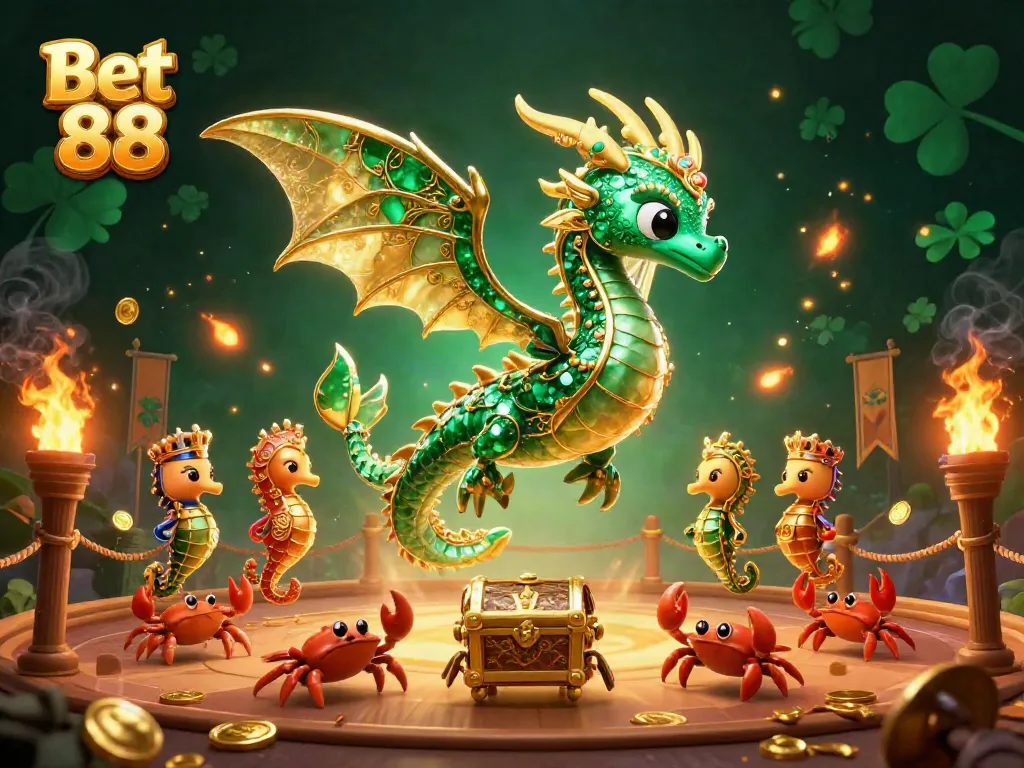 Engage in thrilling adventures at Bet 88 with dynamic dragons and casino treasures swirling around.