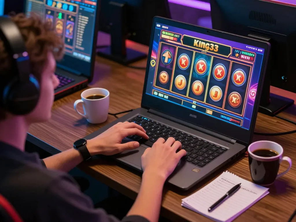 Engaged player at king33 online casino, using laptop for strategic gaming.