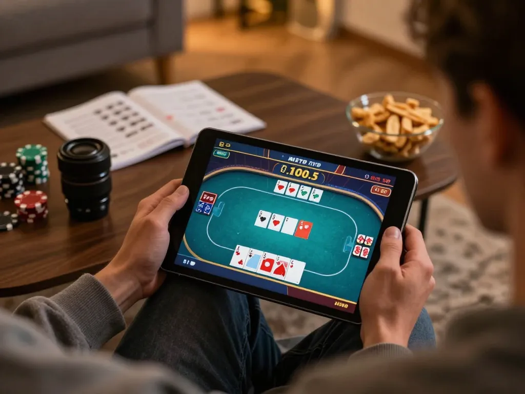Engaged player enjoys fun 79 gaming strategies on tablet at home