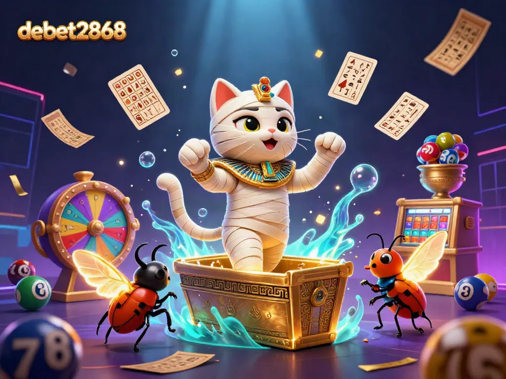 Engage with exciting casino games at debet2868, featuring a mystical mummy cat in a vibrant pyramid casino.