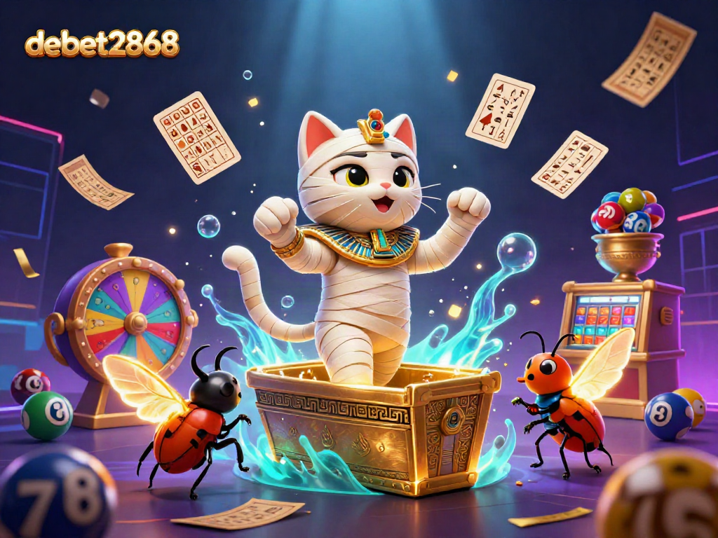 Engage with exciting casino games at debet2868, featuring a mystical mummy cat in a vibrant pyramid casino.