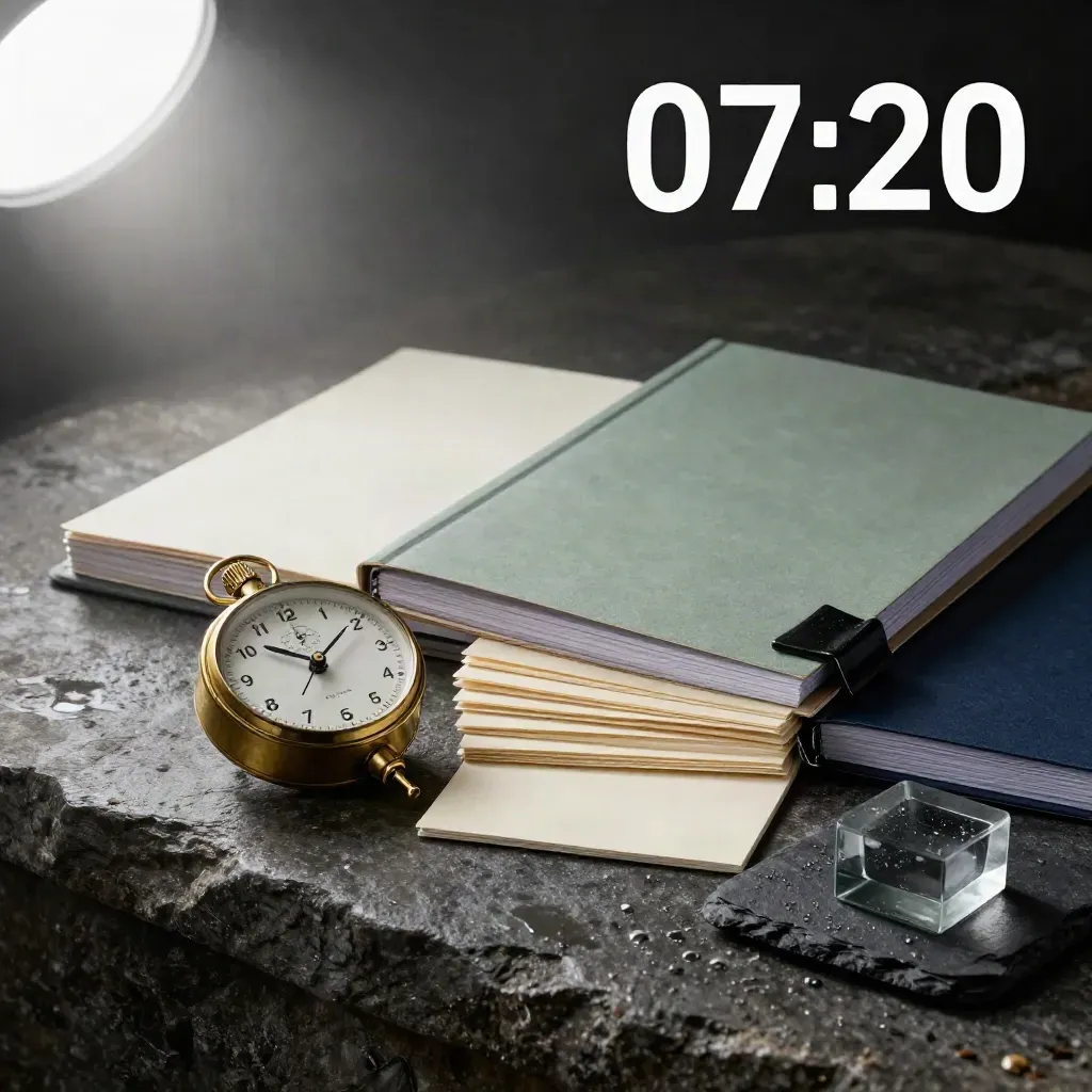 Set de planejamento em grafite com timer de latão sobre pedra úmida e névoa suave.