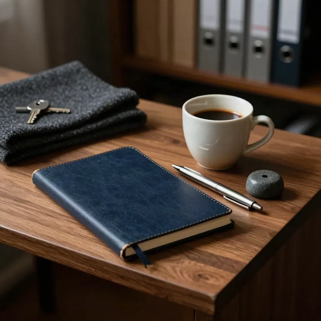 Notebook fechado, xícara de espresso, caneta e peso de papel sobre mesa lateral, luz dramática.