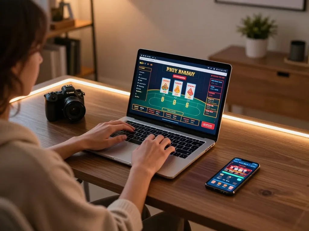Engaging online gaming experience at 33nn with a player strategizing on a laptop in a cozy home office.