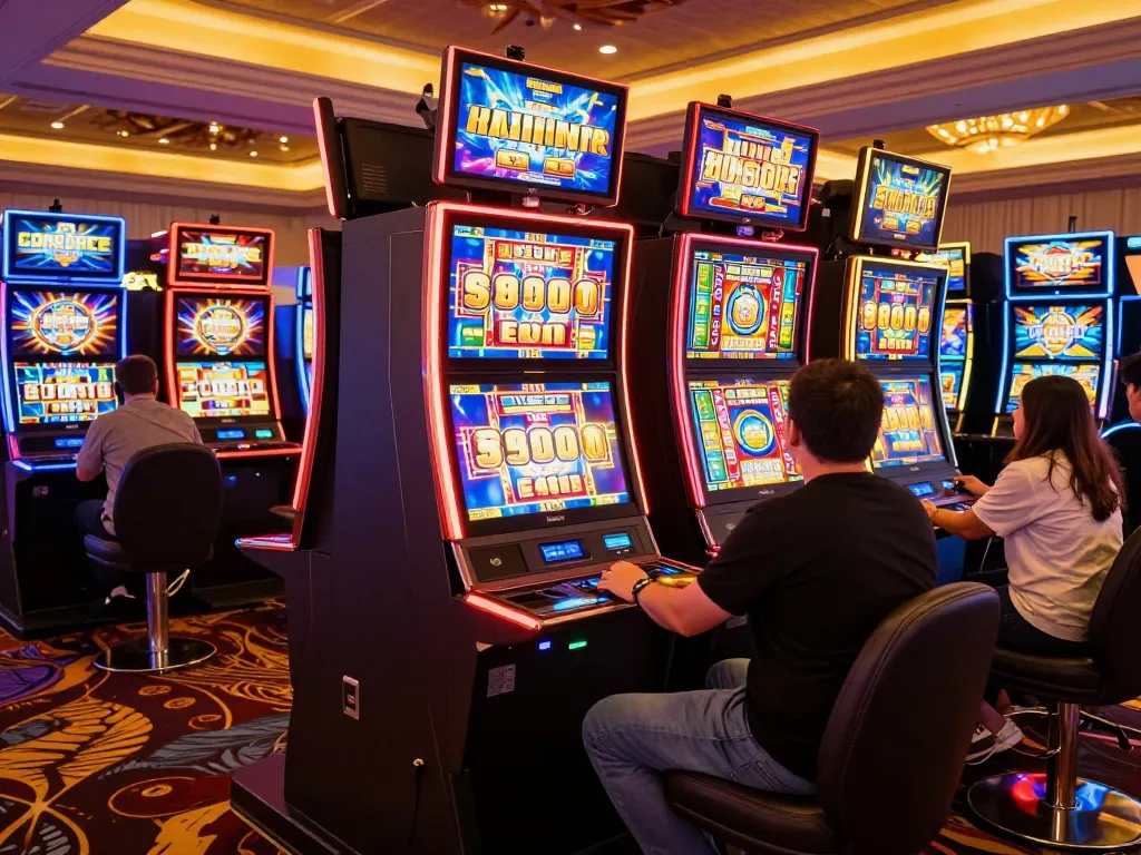 Experience the vibrant slots at 688vbest casino, showcasing colorful machines and excited players.